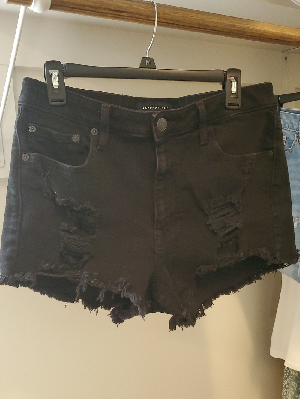 Aeropostale Black Denim Vintage High Rise Shorty Distressed Jean Shorts Sz 10